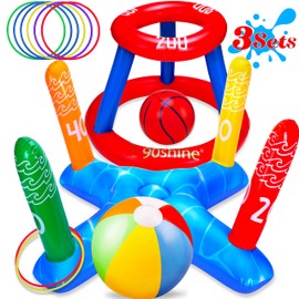 90shine 3 Sets Pool Toys Games for Adults and Family - Floating Basketball Hoop&Inflatable Ring Toss&Beach Ball for Kids Swimming Water Fun Floats Accessories