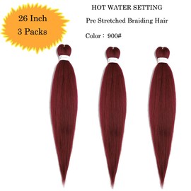 Pre Stretched Braiding Hair Extensions 3 Packs 26 Inch Burgundy Braiding Hair Synthetic Braids Hair Extension for Women Hot Water Setting(26Inch,900#)
