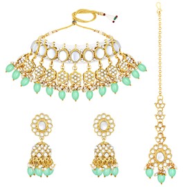 Aheli Traditional Gold Plated Mint Kundan Choker Necklace Dangle Jhumki Earring & Maang Tikka Ethnic Jewelry Set Gift for Women