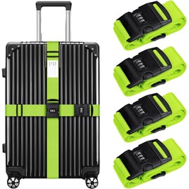 4 Pack Luggage Straps with Combination Lock and Name ID Card, 2M Adjustable Belts Keep Suitcase Secure While Traveling, Luggage Accessories to Secure Bag Cargo Safe Quick-Release (Green)