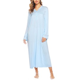 Vlazom Ladies Full Length Nightwear Cotton Long Sleeve Nightie Nightdress Pyjamas, Light Blue, XXL