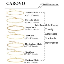 CAROVO Gold Bracelets for Women Trendy Dainty 14K Gold Plated Stack Bracelet Beaded Chain Bracelet Set Link Thin Cute Paperclip Chain Bracelets Fashion Waterproof Jewelry Gift for Women