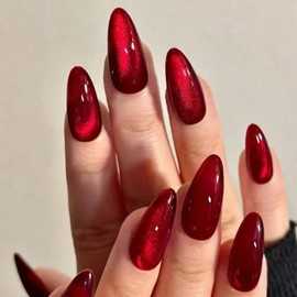 JUSTOTRY 24 Pcs Dark Red Cat Eye Almond Press on Nails Short,Burgundy Fake Nails Pattern,Glossy False Nails Medium for Nail Art,Cateye French Oval Stick on Nail for Women Gifts