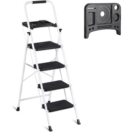 F2C Heavy Duty 4-Step Folding Ladder with Tool Platform – Sturdy, Space-Saving, Non-Slip Design, 330 lbs Load Capacity for Home, Kitchen, and Garage (White, 4-Steps)