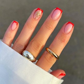 24 Pcs Christmas Nails French Tip Press on Nails Short Square Christmas Fake Nails Nude False Nails with Gift Box Designs Xmas Full Cover Stick on Nails for Women Artificial Acrylic Nails