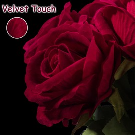 Red Velvet Rose Artificial Flowers Bulk Real Touch Artificial Roses with Stems Realistic Silk Roses Flower Long Stem Red Roses Fake Flowers for Decoration Faux Roses for Home Wedding Party Decor