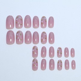 Press on Nails Medium Almond SWEKKE Fake Nails Pink Full Cover Sliver Glitter Full Cover False Nails with Designs Rhinestones Glossy Glue on Nails Acrylic Manicure Artificial Nails for Women Girls
