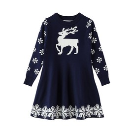 SMILING PINKER Vestido de Navidad para niñas pequeñas, renos, copos de nieve, regalos de Navidad, vestidos de suéter de punto de invierno, Azul marino, 3 Años/4 Años