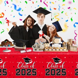 EYOBZOOQ Red Graduation Tablecloth Plastic 54"x108", 2Pcs Congrats Grad Tablecloth Class of 2025 Tablecloth Graduation Party Decorations 2025 Graduation Decorations for College High School