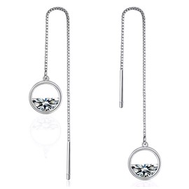 Iszie 925 Sterling Silver Half Cubic Zirconia Crystal Circle Threader Dangle Pull Through Circle Women's Earrings
