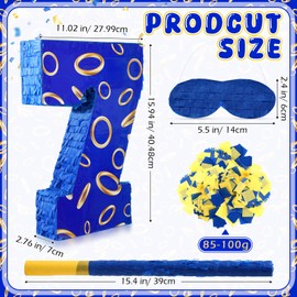 Simgoing Number 7 Blue and Golden Rings Piñata for Kids Birthday Cartoon Theme Small Piñata with Blindfold Stick Confetti for Fiesta Cinco De Mayo Party Decor, 15.8 x 11 x 2.8 Inch