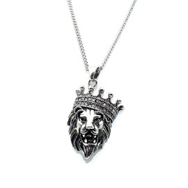 Lion Pendant, Crown Lion Necklace for Men, Norse Viking Lion Head Necklace Lion Jewelry, Hip Hop Roaring Lion Charm Necklace Stainless Steel Punk Lion Animal Pendant Necklace for mens (Silver)