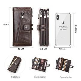 Contacts Genuine Leather Wallet for Men,Large Capacity Bifold Checkbook Organizer Clutch,3 Zipper Purse Long Wallet with 12 Cards Slots(Coffee)