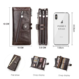 Contacts Genuine Leather Wallet for Men,Large Capacity Bifold Checkbook Organizer Clutch,3 Zipper Purse Long Wallet with 12 Cards Slots(Coffee)