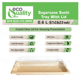EcoQuality Small Compostable Sushi Trays with Lids - Natural Sugarcane Bagasse Take Out Sushi Container - Biodegradable, Disposable Sushi Plate with Lid, Eco Friendly, To go, Serving Tray (50)