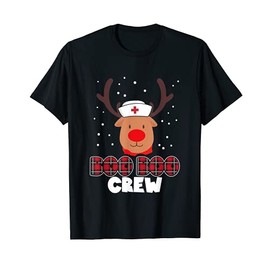 Boo Boo Crew Nursing Christmas Bufallo Plaid Nurse Reindeer T-Shirt, black