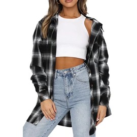 CHYRII Womens Button Down Flannel Shirts Long Sleeve Plaid Shacket Business Casual Tops Black L