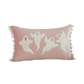 Decorative Ghost Throw Pillow, Pink with White Applique, Pom Pom Trim