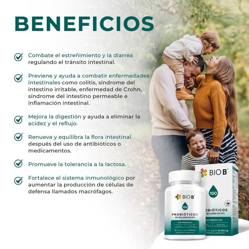 BIO B ǀ Probióticos con 100 Billones UFC + Prebióticos