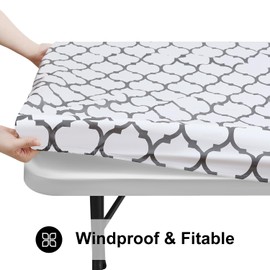 Smiry Rectangle Picnic Table Cover, Waterproof Elastic Fitted Camping Table Covers for 6 Foot Tables, Wipeable Flannel Backed Vinyl Tablecloth Protector for Indoor, Outdoor (White, 30x72 Inches)