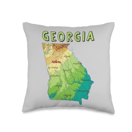 Physical Map of Georgia, major cities, lakes, rivers, USA Throw Pillow