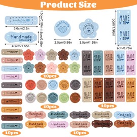 PEOVLVN 50Pcs Handmade with Love Tags, Colorful PU Leather Tags with Holes Crochet Tags Sewing Labels for Handmade Items Handmade Embossed Tag for DIY Crafts Knitting Shoes Hat Clothes Accessories