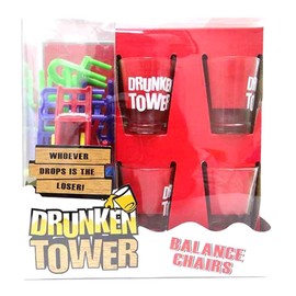 GIFTS INFINITY Drunken Tower Drinking Game 18 Pieces Chairs and 4 Shot Glasses Set, Stacking Balancing Game for Party (Chair Tower)