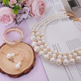 baotongle 4pcs Pearl Necklace and Earrings Set for Women Jewelry Set Faux Pearl Necklace Earrings Pearl Bracelets for Wedding Party Gift