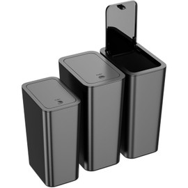 N. NETDOT 3 Pack (2 of 4 Gal & 1 of 2.6 Gal) Small Trash Can with Lid,Bathroom Garbage Can with Pop-Up Lid,Waste Basket for Bathroom,Kitchen,Bedroom,Powder Room,Craft Room,Office,College (Black)