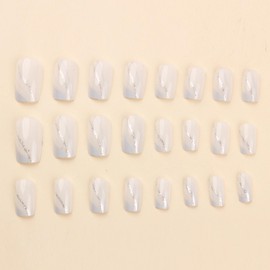 MERVF Square Press on Nails Medium Fake Nails Gray French Tip Glue on Nails Glitter Lines Design Press ons Acrylic White Squoval False Nails for Women Glossy 24pcs