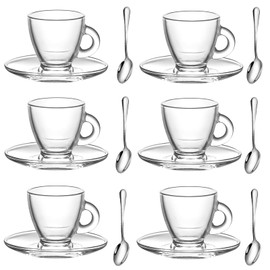 GURUDAR Espresso Cups with Saucers and Spoons Set of 6, Glass Demitasse Cups for Cappuccino Latte Café Mocha Tea and More Beverage, 3.2OZ/95ML, Clear