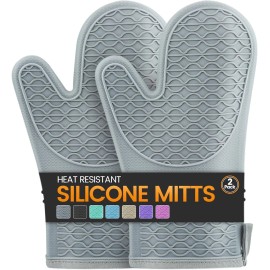 HESEE Silicone Oven Mitts, Heat Resistant 2PCS Mitts with Soft Cotton Gray
