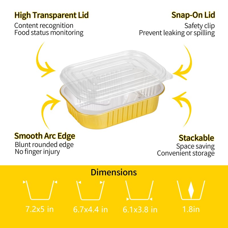 40 Pack 1.5 LB 7.2"×5"×1.8" Aluminum Pans with Lids Heavy