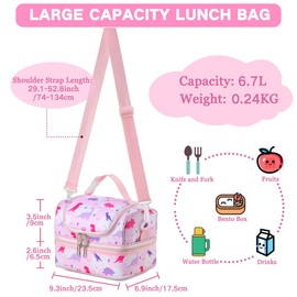 VASCHY - Kids and Girls Insulated Lunch Bag- Separate Compartments, Reusable Lunch Bag with Adjustable Shoulder Strap for School and Picnic (Pink Dinosaur)