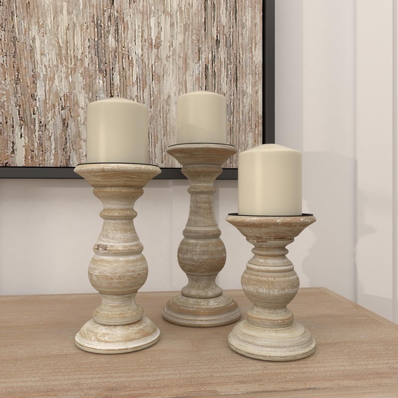 Deco 79 Mango Wood Decorative Candle Holder Turned Style Pillar