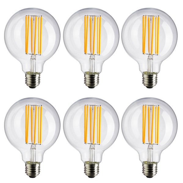 Sunlite 40964 LED G25 (G80) Edison Globe Light Bulb 6 Watts (40W Equivalent), Standard E26 Base, 480 Lumens, Dimmable, UL Listed, 90 CRI, Decorative Clear Glass Vintage Filament, 6 Pack, 2200K Amber