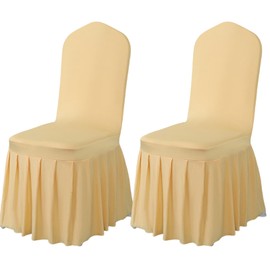 Qubjus 2 Pack Stretch Spandex Dining Chair Covers with Skirt – Washable & Fitted Slipcovers for Dining Room Chairs, Weddings, Home, Hotel Decor – Champagne