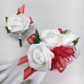 Rosecorsages Triple White Rose on Red Wrist Corsage & Boutonniere Combo