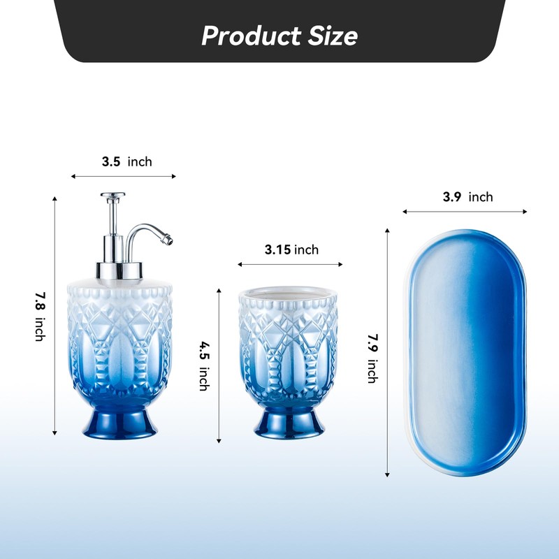 Ceramic Bathroom Accessories Set, 3pcs Blue Bathroom Soap Dispenser Sets