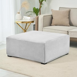 HFCNMY Stretch Velvet Ottoman Cover - Thick Washable Square Slipcover With Elastic Bottom for Storage Footstool in Living Room, Light Gray, Medium