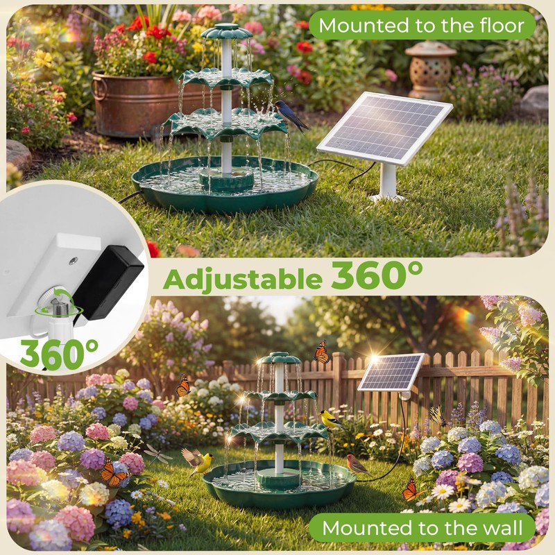 AISITIN 6.5W Solar Bird Bath Fountain, 3-Tiered Waterfall, DIY Detachable