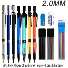 MROOFUL 7pcs Mechanical Pencil Set 2.0mm with 2B Black Colors Lead Refill for Writing Sketching Art Drawing Painting School Automatic Pencils