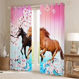 Feelyou Kids Horse Curtains for Bedroom Chic Cherry Blossom Window Curtains Galloping Horse Printed Window Drapes Wild Animal Darkening Curtains Pink Decor(2 Panels， 42 x 63 Inch)