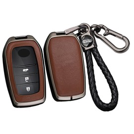 ontto Alloy Car Key fob Cover Fit for Toyota RAV4 Highland Corolla Hilux Fortuner Land Cruiser Camry Crown 2/3/4/5/6 Buttons Leather Key case Shell Key Holder Keyring Keychain Accessories Black-Brown