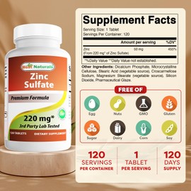 Best Naturals Zinc Sulfate 220 mg 120 Tablets - 3rd Party Lab Tested - Made in The USA - Gluten Free & Non-GMO
