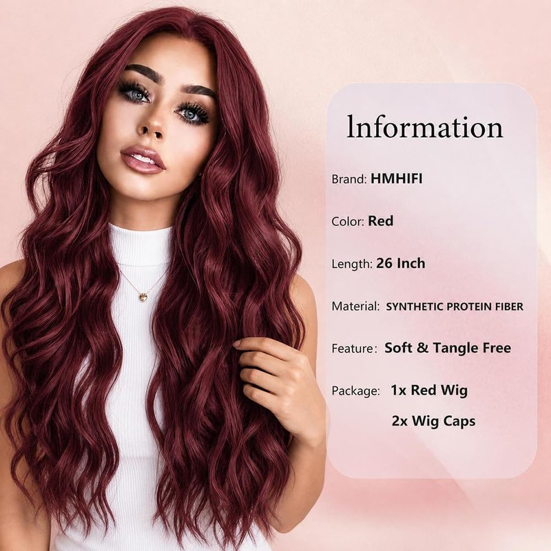 Red Wig for Women,26 Inch Wavy Curly Burgundy Middle Part