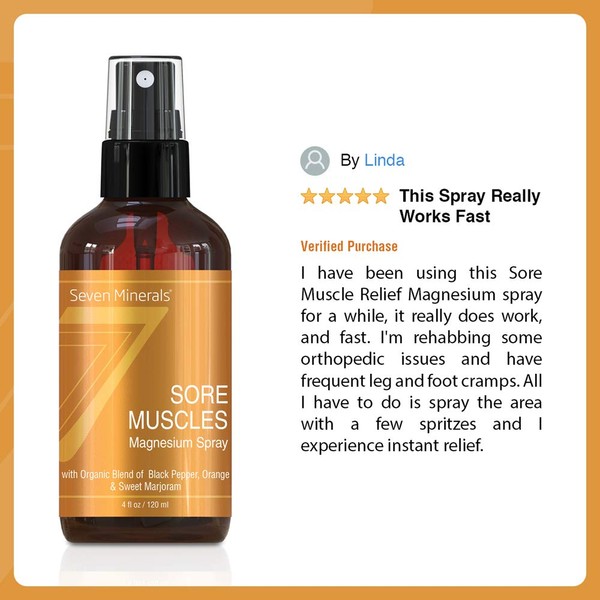 Sore Muscle Relief Magnesium Spray - Made in USA - Powerful Organic Blend of Essential Oils (Black Pepper, Orange, Sweet Marjoram) - For Joints, Cramps, Stiffness, Improved Circulation & More