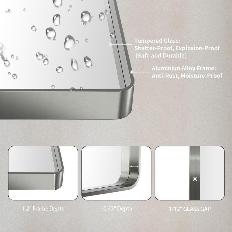 LOAAO 24X36 Inch Brushed Nickel Bathroom Mirror, Rounded Rectangle Silver