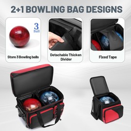 JMIANeodark 3 Ball Bowling Bags with Wheels and Shoes Compartment, Roller with Multipocket, 2 Ball Bowling Roller Bag + 1 Ball Color Matching Add On Tote (Red-Black)