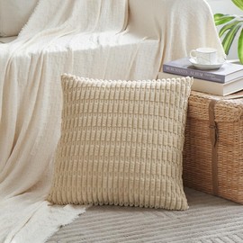 Fancy Homi 4 fundas de cojín decorativas, suaves, afelpadas, decoración del hogar, sala de estar, sofá, sofá cama, estilo rústico bohemio, pana, a rayas, cuadrados, beige, 50 x 50 cm